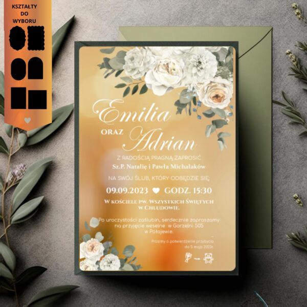 Złote Lustrzane Zaproszenie Ślubne Moody Floral